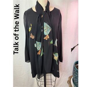 Talk of the Walk Black 100% Silk Butterfly Print Tunic Blouse Sheer Scarf Tie